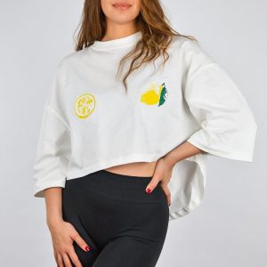 Bluza crop alba cu lamai brodate marime universala