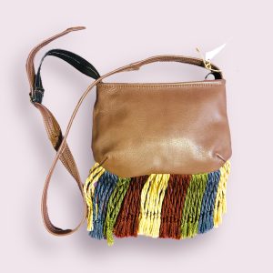 Geanta din piele cu franjuri textile multicolore