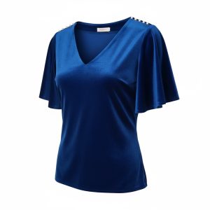 Bluza albastru royal din catifea cu detalii perle pe umeri