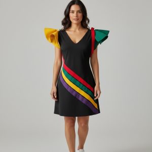 Rochie neagra cu detalii color si umeri statement