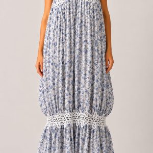 Rochie lunga cu imprimeu floral si detalii din dantela marime M