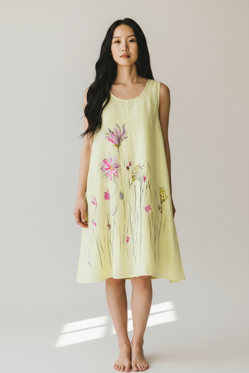 Rochie din in pictata manual Wild Flowers M/L