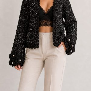 Cardigan negru tricotat cu flori crosetate si perle S/M/L