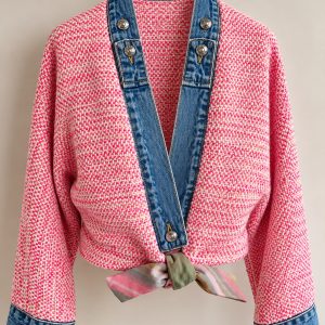 Geaca Roz din lana si bumbac cu detalii din  denim Marime S