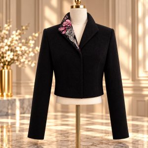 Geaca neagra cu broderie roz Unicat
